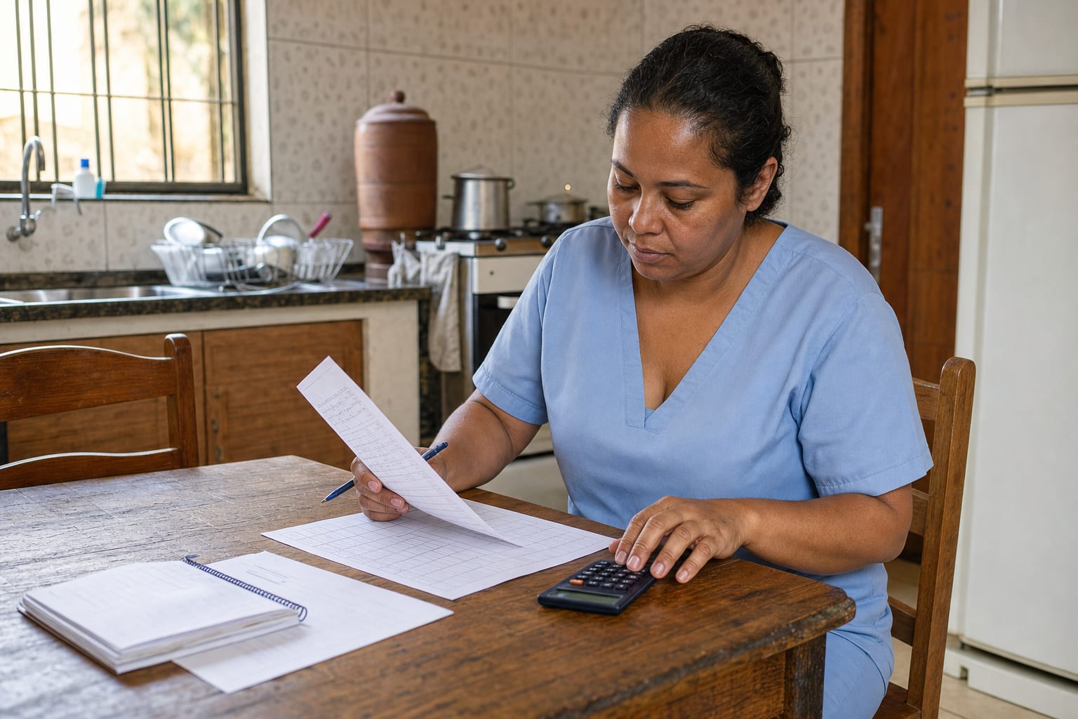 Cuidadora brasileira de uniforme azul-claro organizando agenda de plantões e calculando renda em mesa de cozinha de casa típica — salário de cuidador de idoso em BH