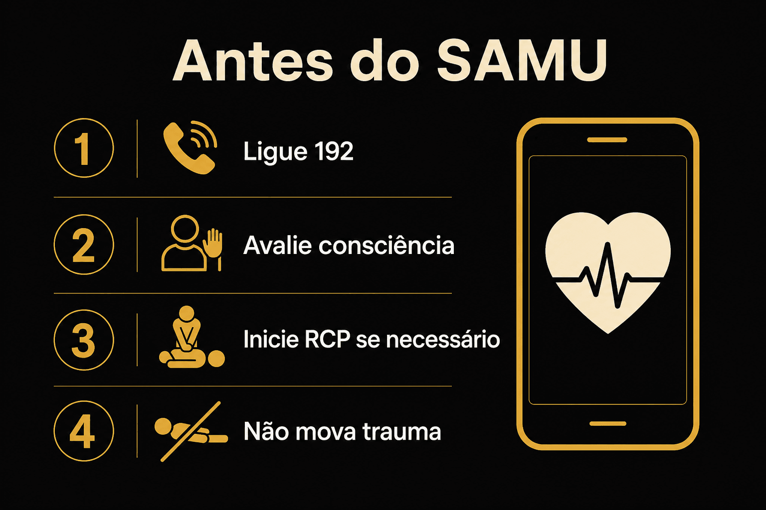 Infográfico dos 4 passos antes do SAMU: 1 Ligue 192, 2 Avalie consciência, 3 Inicie RCP se necessário, 4 Não mova trauma