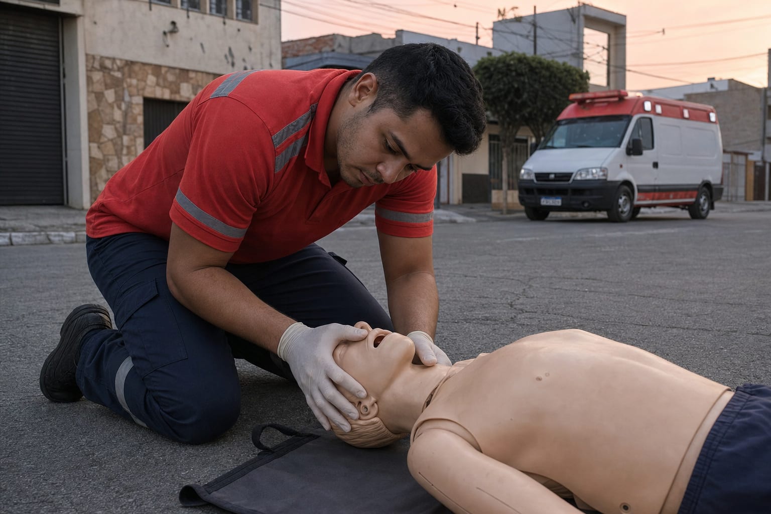 Socorrista brasileiro de uniforme vermelho de emergência ajoelhado em via urbana verificando vias aéreas em manequim de treinamento APH