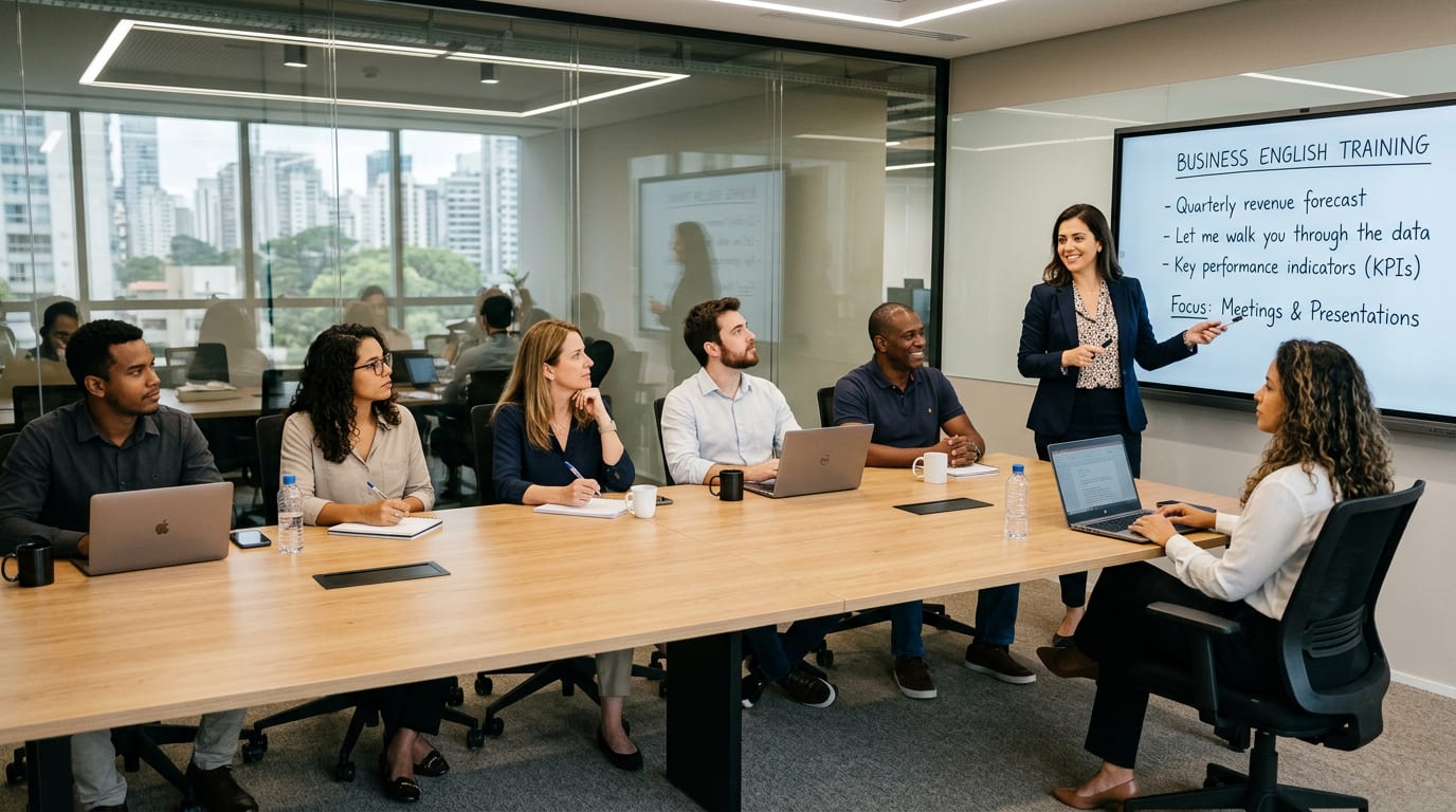 Executivos brasileiros em reunião em inglês — treinamento corporativo UPXON em BH