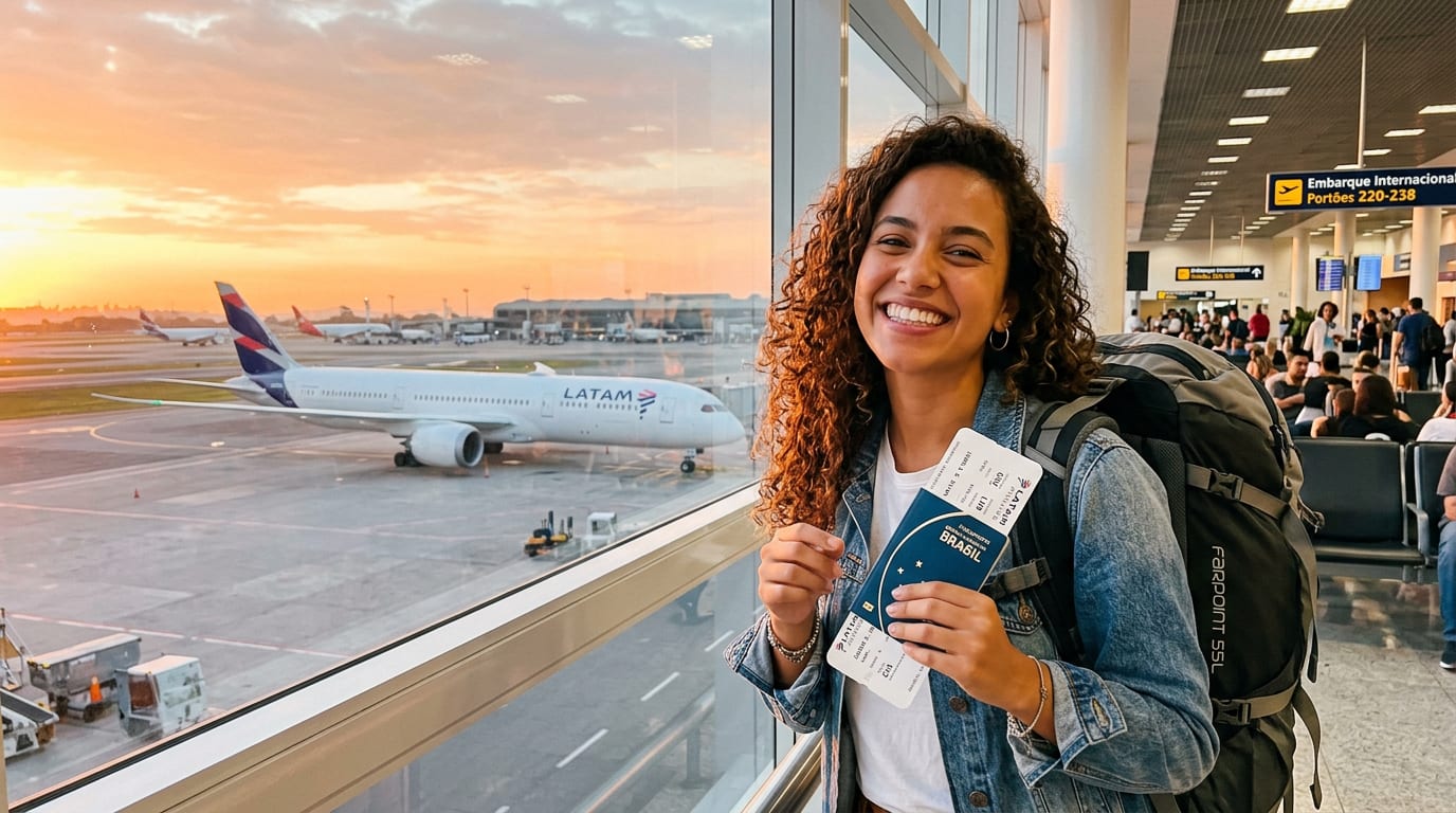 Brasileira chegando em aeroporto internacional com mala — início do intercâmbio