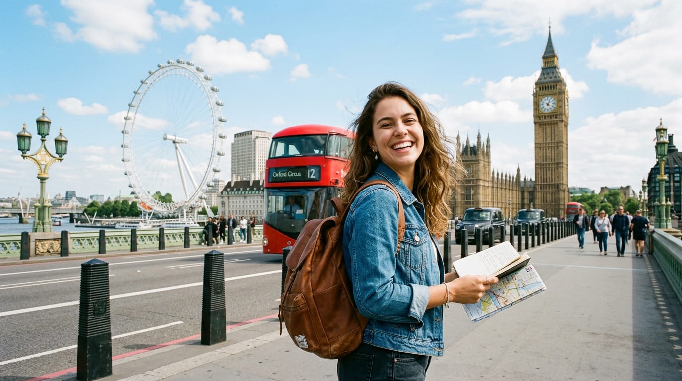 Estudante brasileira atravessando ponte em Londres durante intercâmbio
