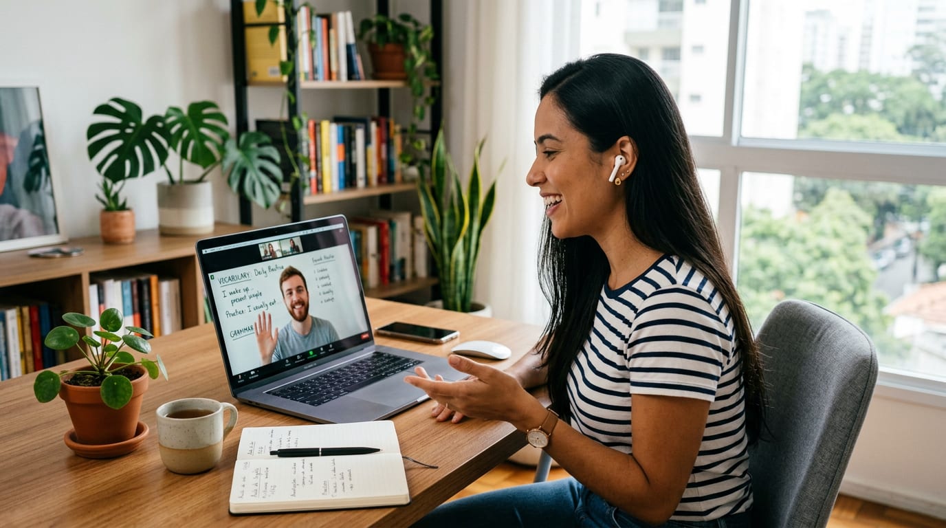 Profissional em videoconferência em inglês no laptop