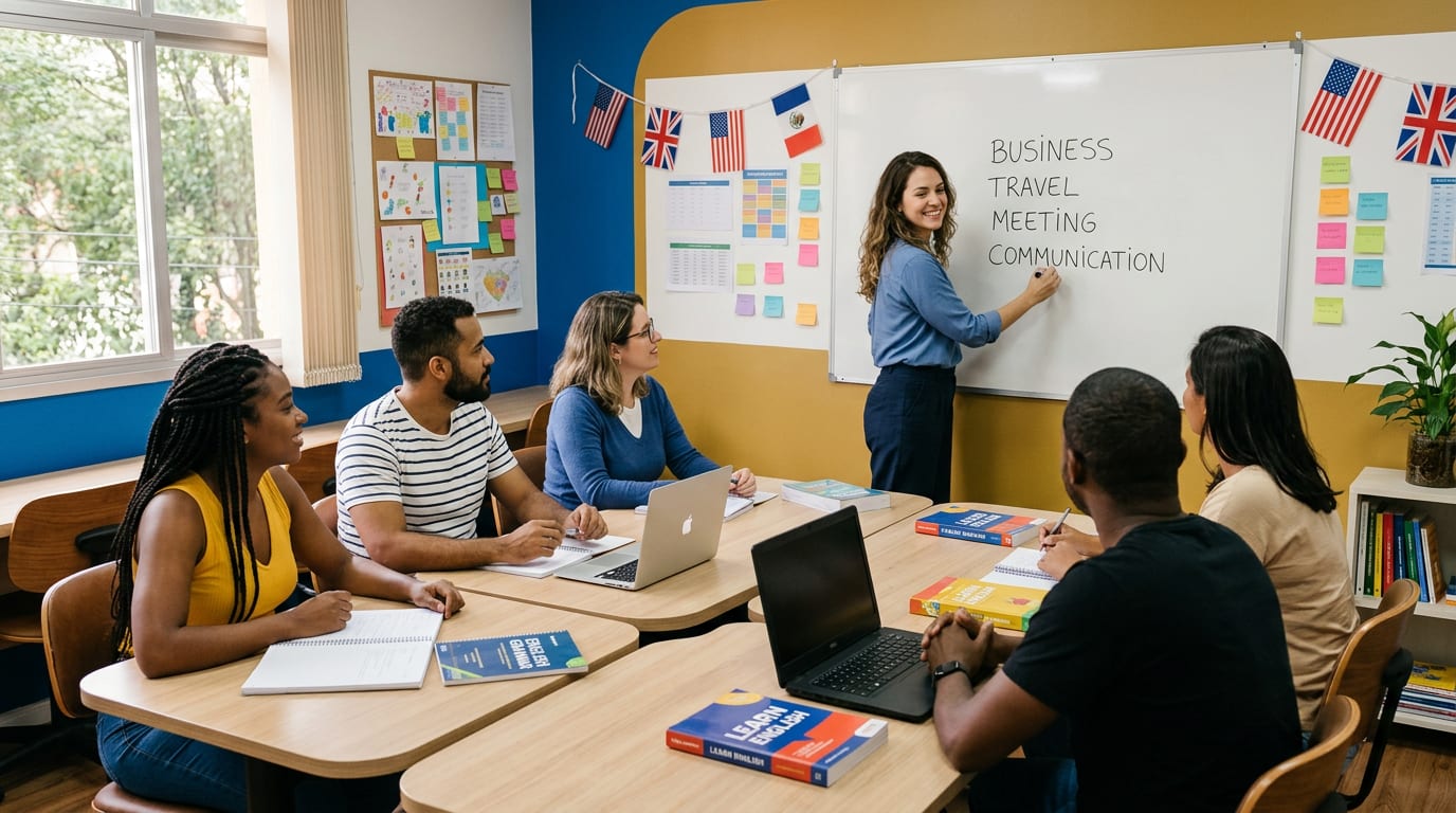 Adultos em aula de inglês presencial em sala moderna — referência para escolha de curso em BH