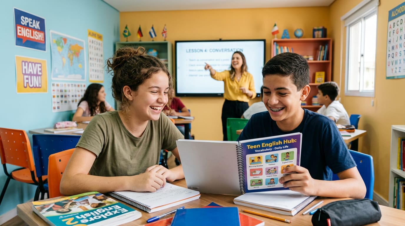 Aula de inglês para adolescentes com professor e materiais na lousa