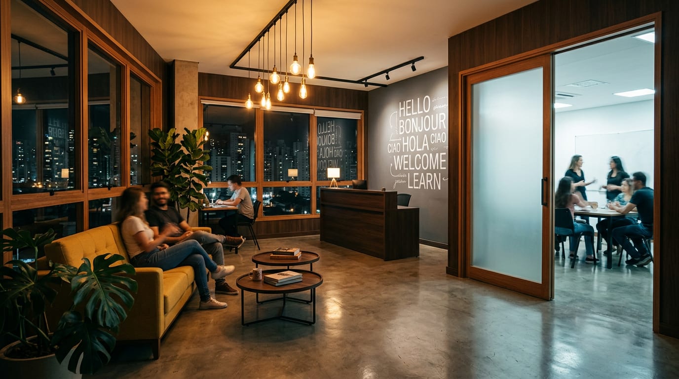 Recepção e lounge da unidade UPXON no Buritis, Belo Horizonte