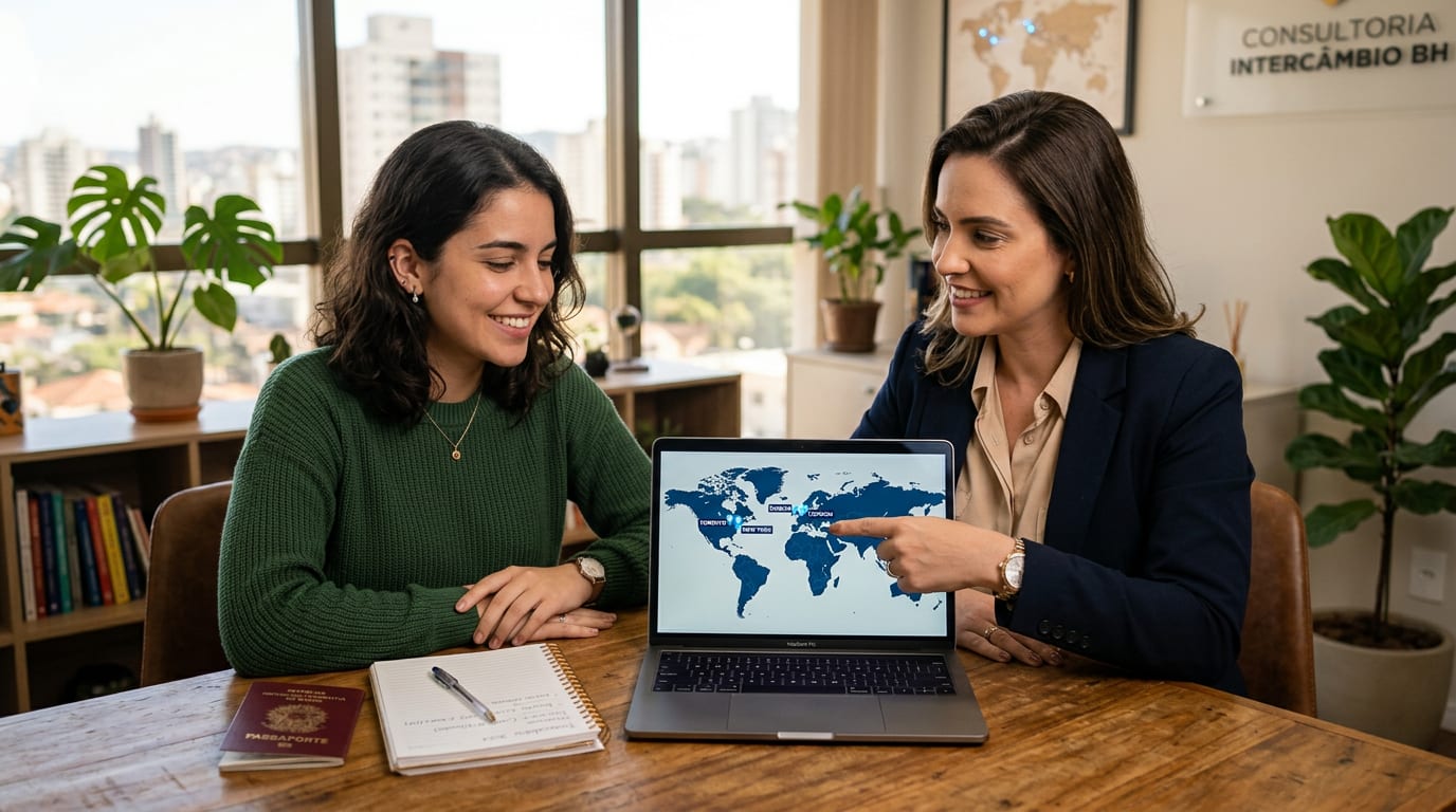 Estudante brasileira e consultora de intercâmbio planejando destino com mapa no laptop
