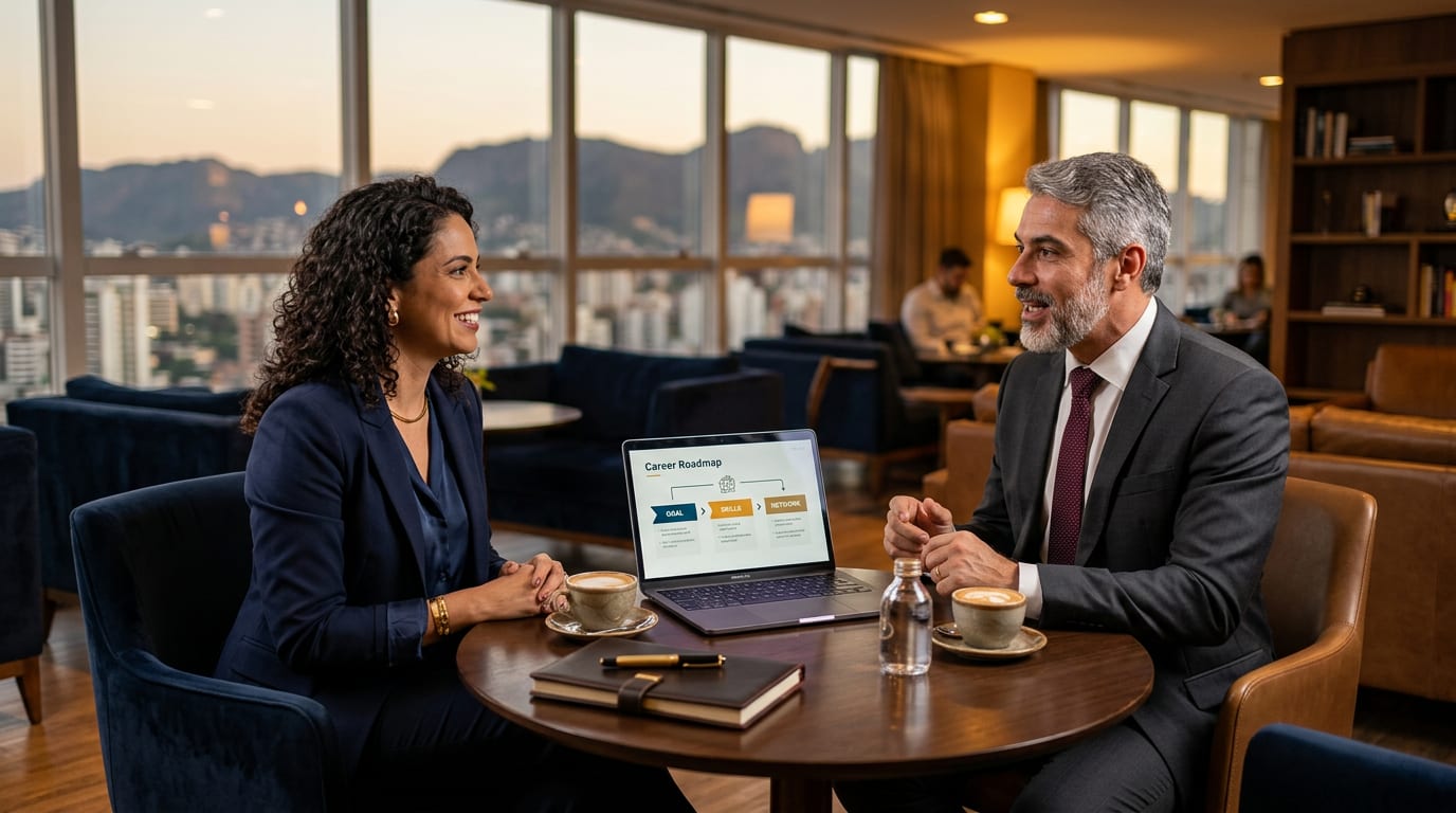 Executiva brasileira e mentor em sessão de mentoria de carreira — lounge premium com vista da cidade ao pôr do sol